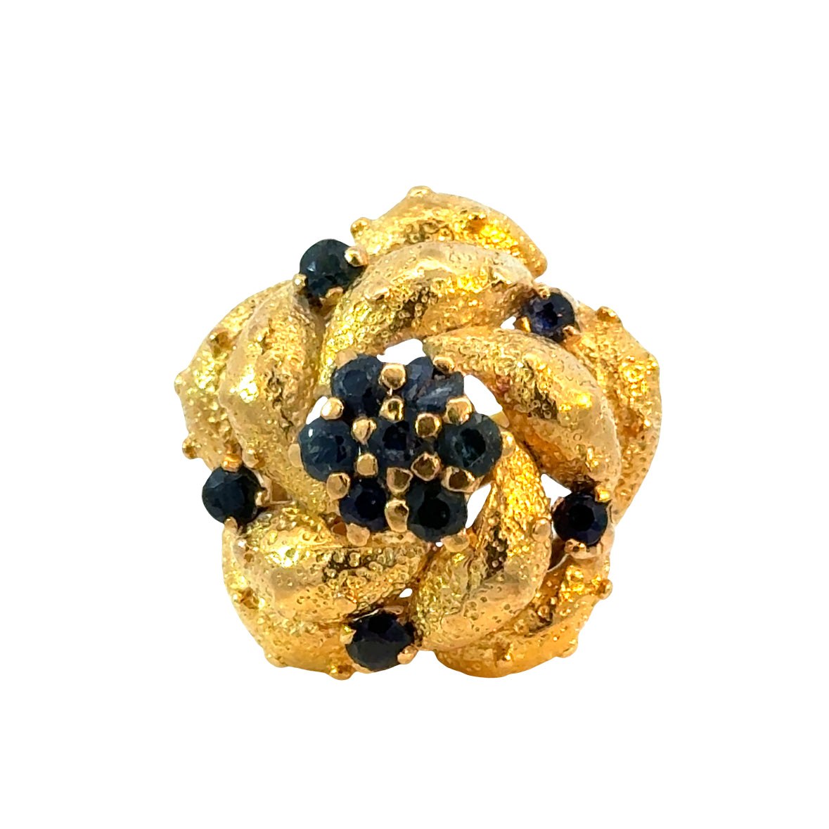 Vintage 1960s Retro 18K Gold Textured Floral Ring with Sapphires