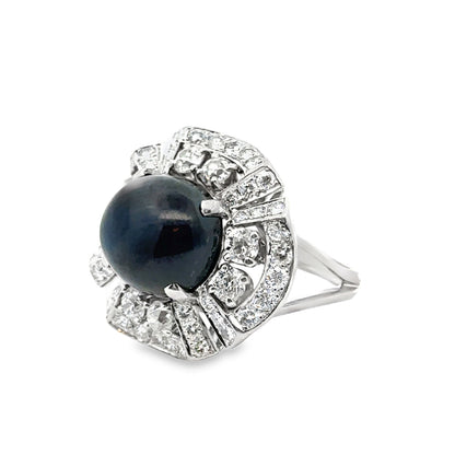 Platinum 11.26ct Cabochon Sapphire & Diamond Flower Cocktail Ring