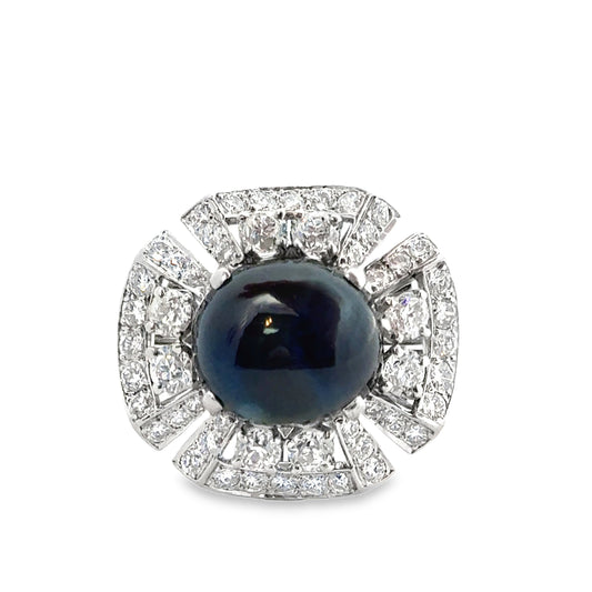 Platinum 11.26ct Cabochon Sapphire & Diamond Flower Cocktail Ring