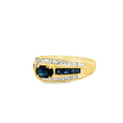 14K Yellow Gold Sapphire & Diamond Belt Design Ring
