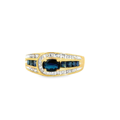 14K Yellow Gold Sapphire & Diamond Belt Design Ring