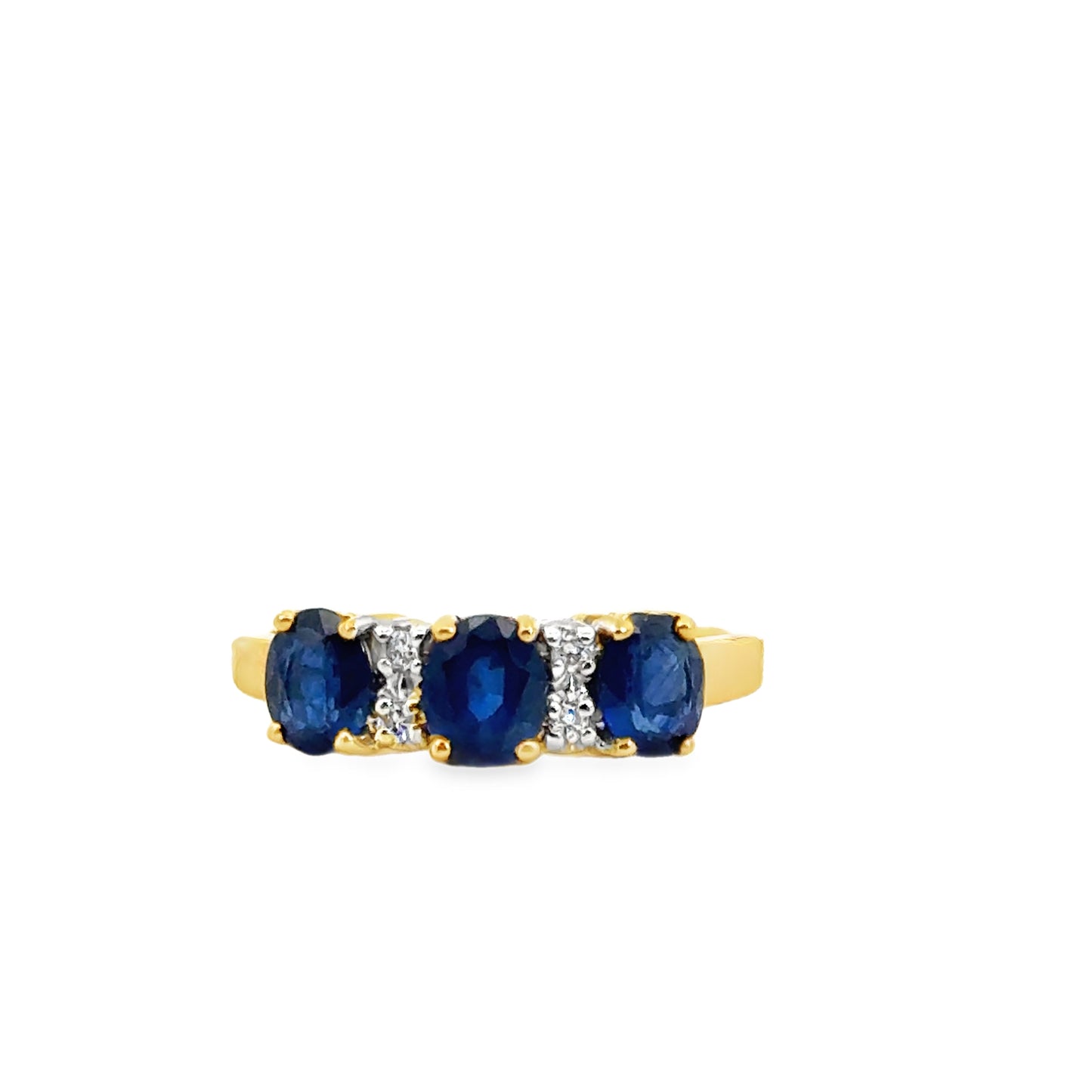 Timeless Three-Stone Sapphire Ring with Diamonds – 14K Yellow Gold Elegance