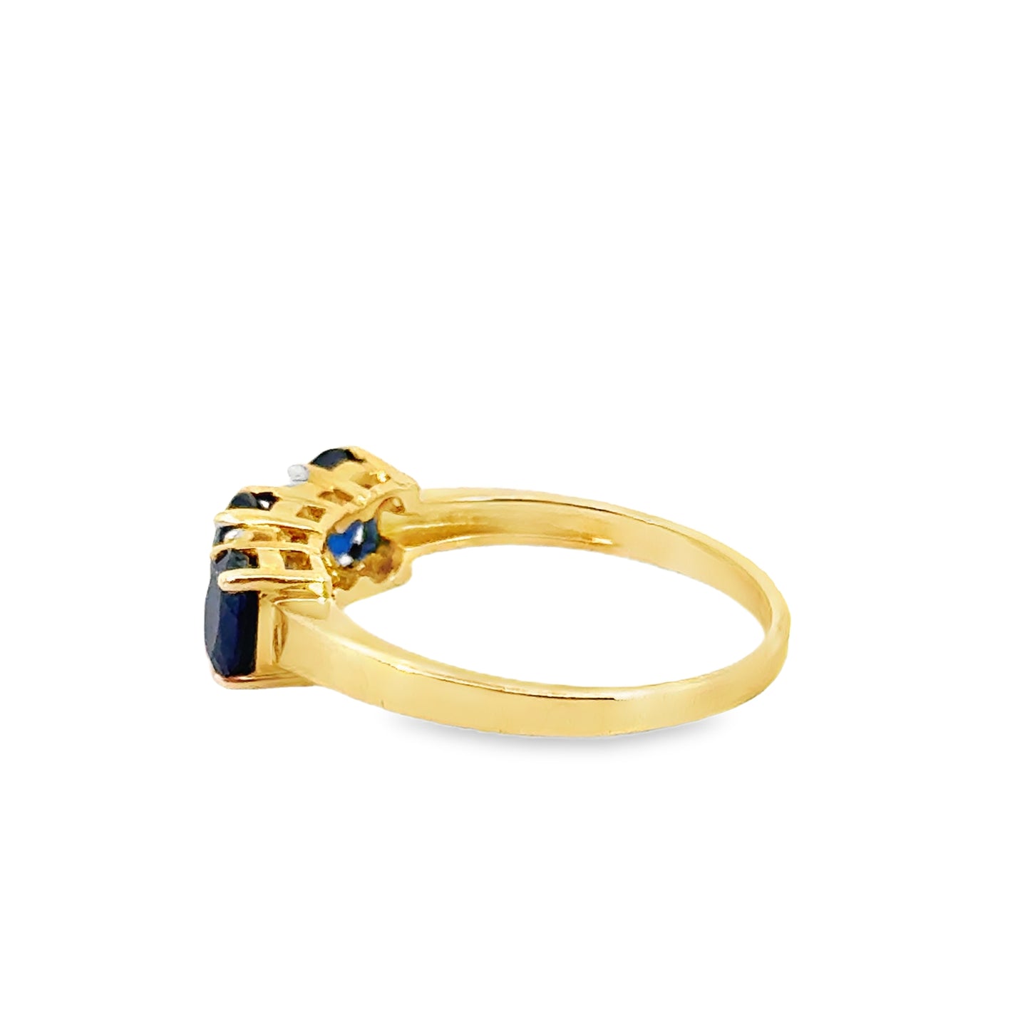 Timeless Three-Stone Sapphire Ring with Diamonds – 14K Yellow Gold Elegance