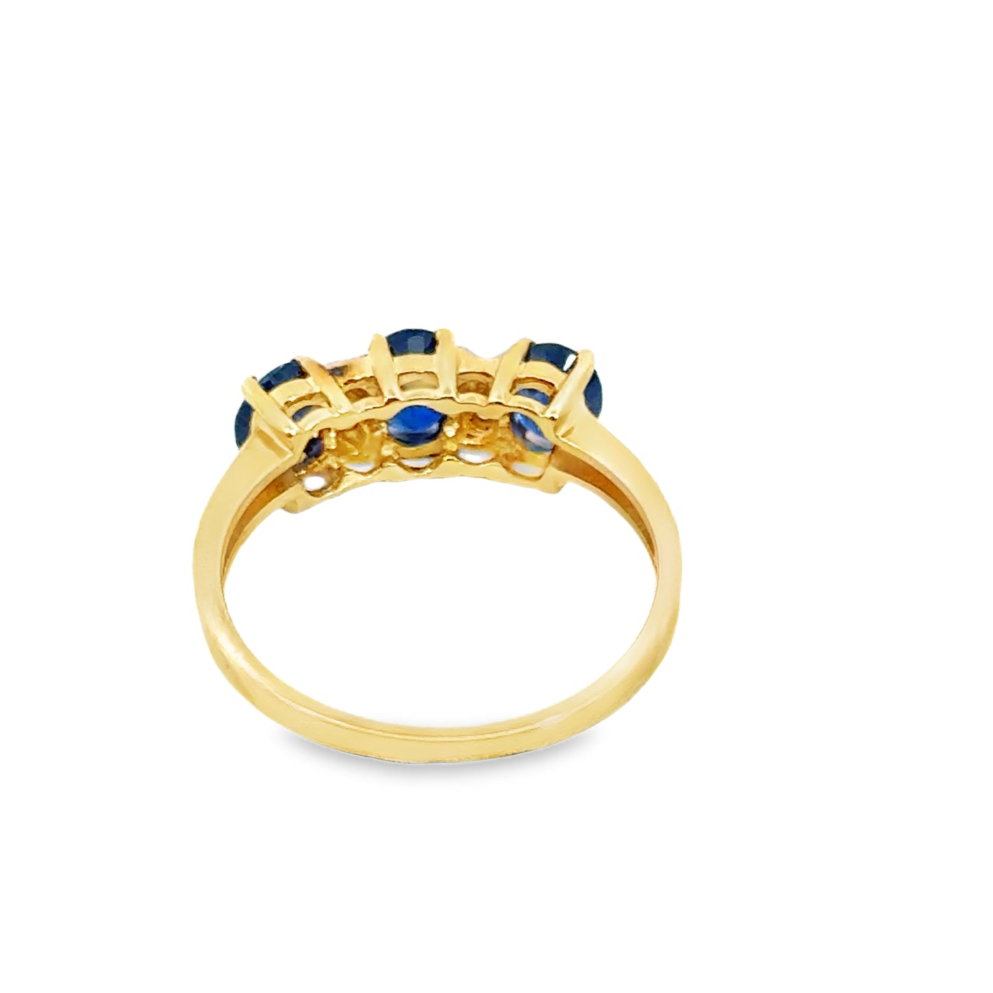 Timeless Three-Stone Sapphire Ring with Diamonds – 14K Yellow Gold Elegance