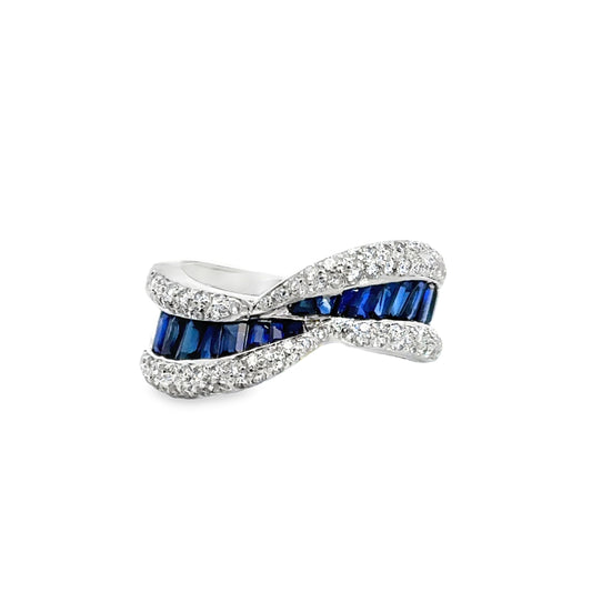Luxury 18K White Gold Sapphire and Diamond Twist Band Ring