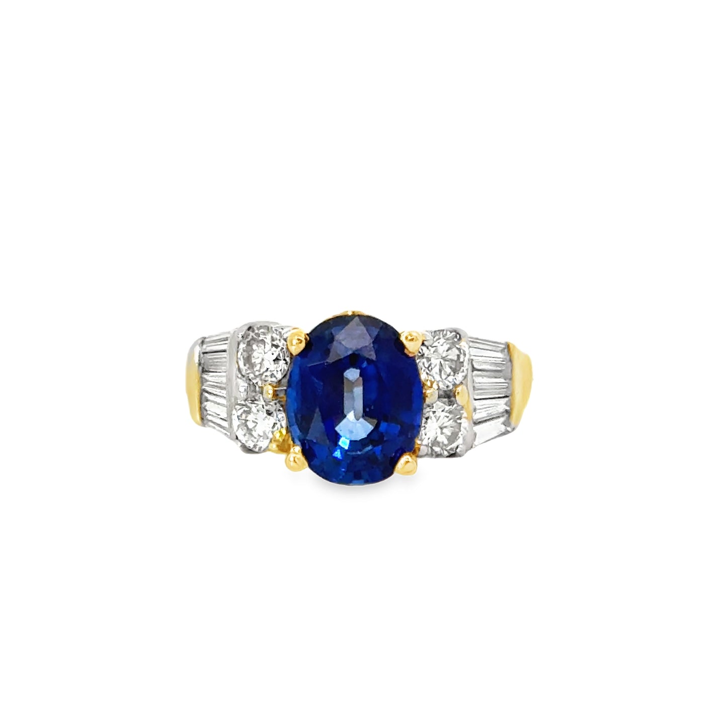 14K Yellow Gold Elegant Sapphire & Diamond Ring with Tapered Baguette Diamonds