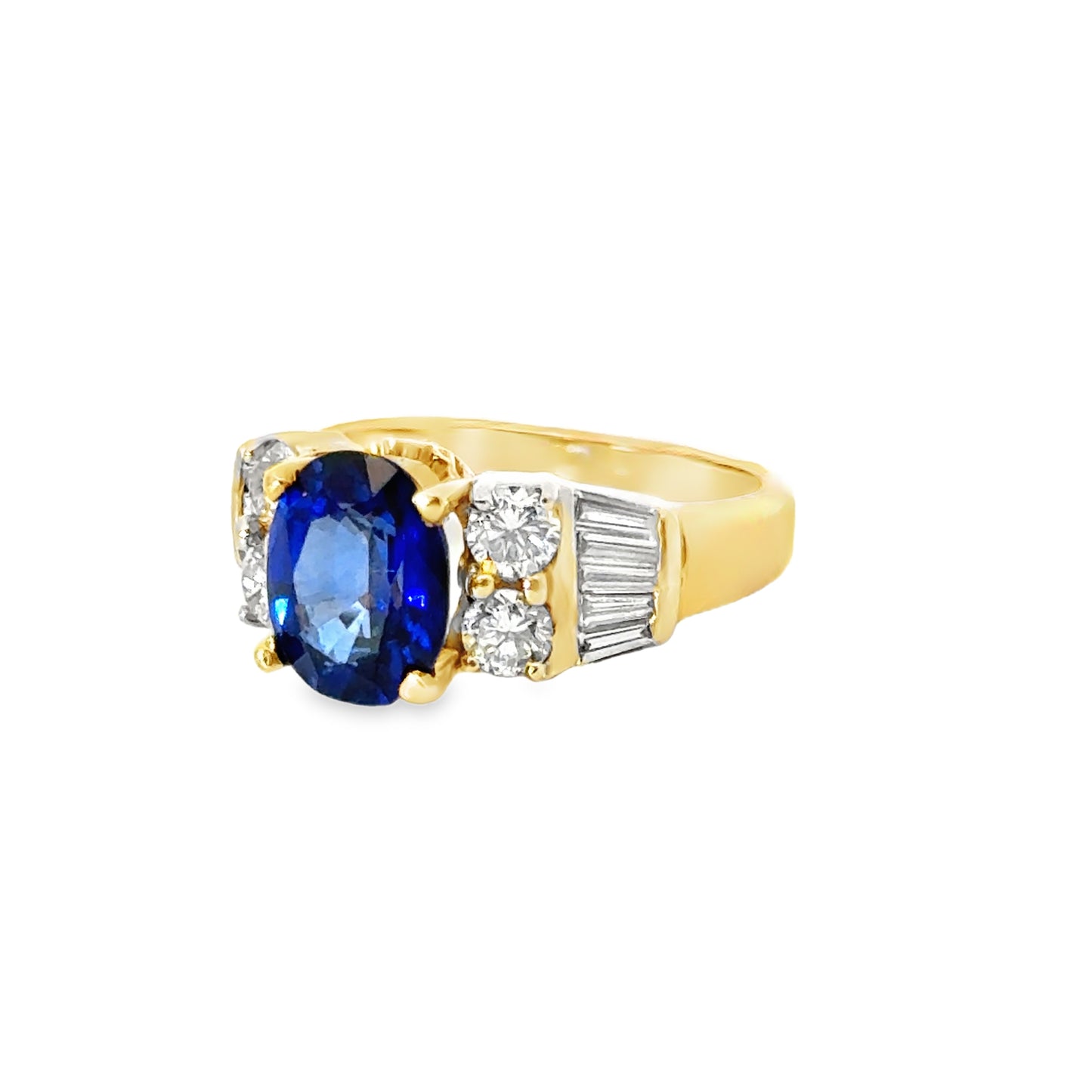 14K Yellow Gold Elegant Sapphire & Diamond Ring with Tapered Baguette Diamonds