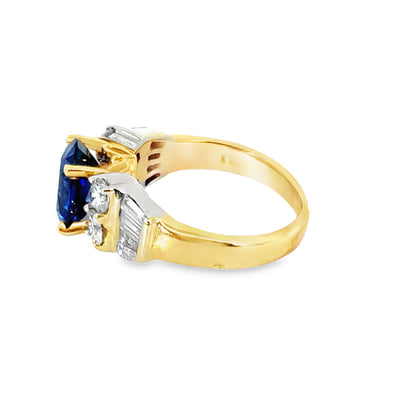 14K Yellow Gold Elegant Sapphire & Diamond Ring with Tapered Baguette Diamonds
