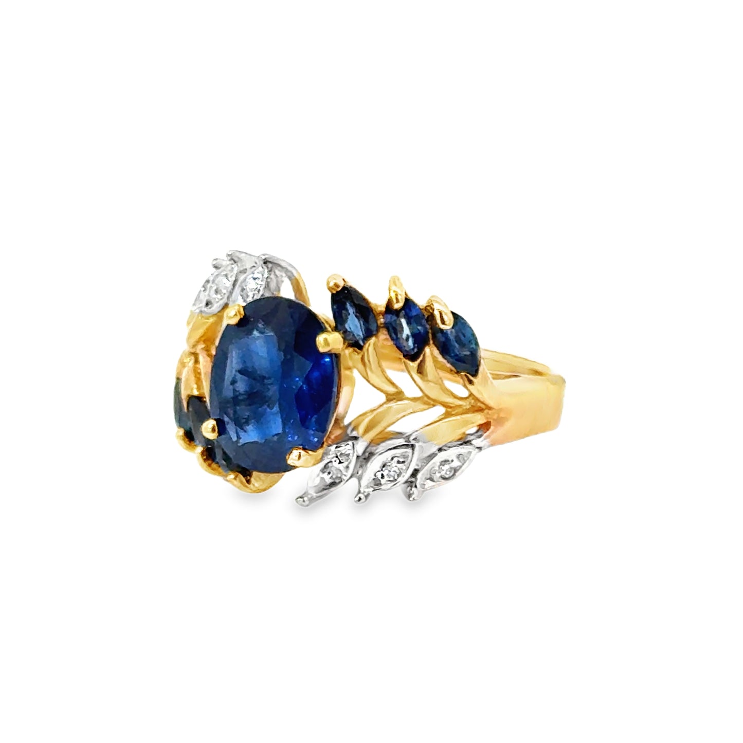 Yellow Gold Sapphire & Diamond Leaf Motif Ring
