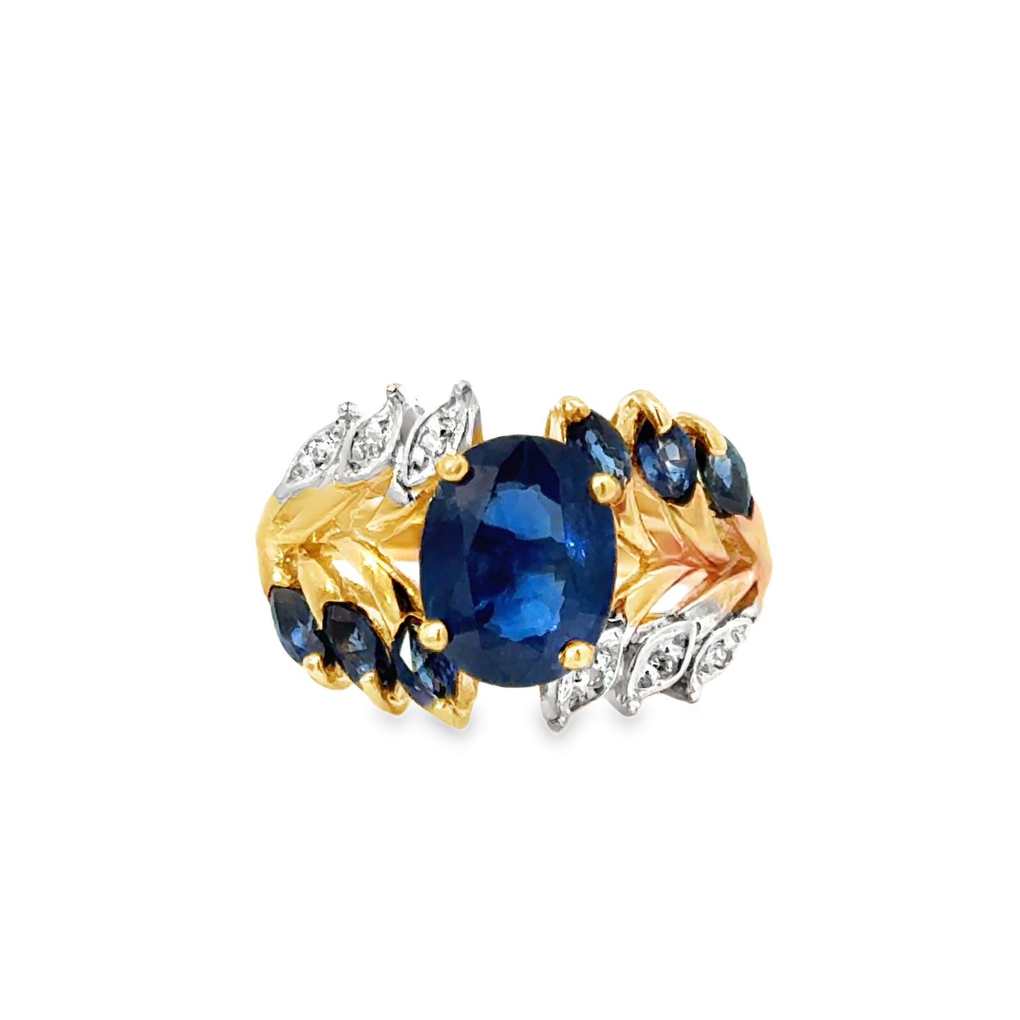 Yellow Gold Sapphire & Diamond Leaf Motif Ring