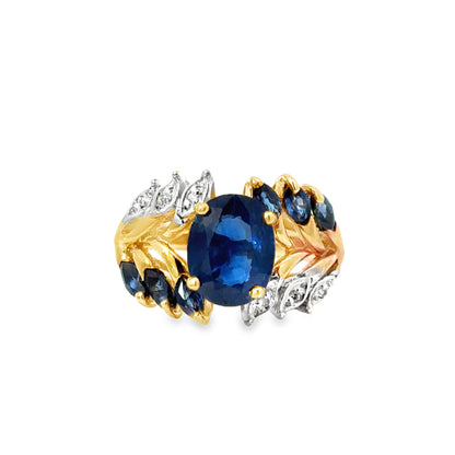 Yellow Gold Sapphire & Diamond Leaf Motif Ring