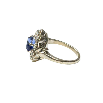 14K White Gold Romantic Sapphire and Diamond Flower Design Ring