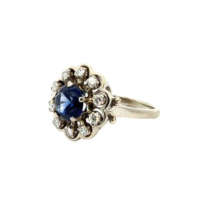 14K White Gold Romantic Sapphire and Diamond Flower Design Ring
