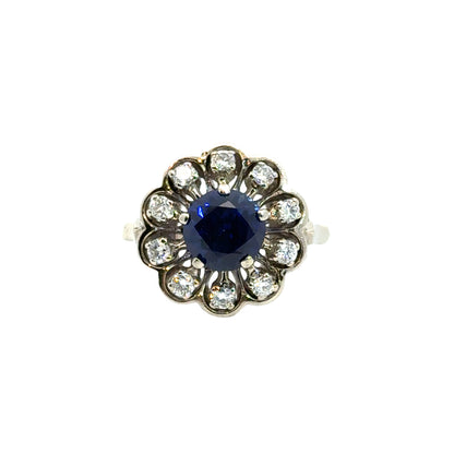 14K White Gold Romantic Sapphire and Diamond Flower Design Ring