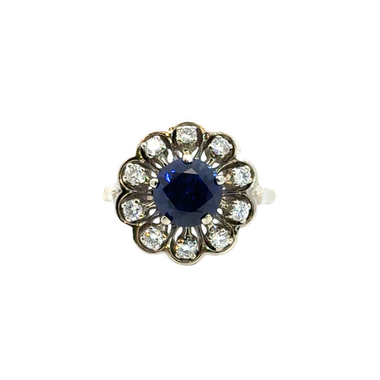 14K White Gold Romantic Sapphire and Diamond Flower Design Ring