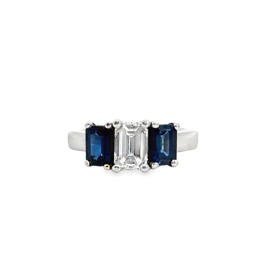 14K White Gold Sapphire & Diamond Three-Stone Ring