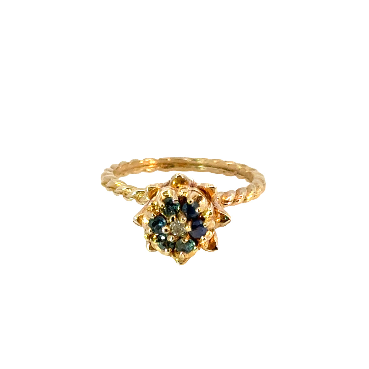Vintage Sapphire Blossom Ring in 14K Gold, Floral Dome Design