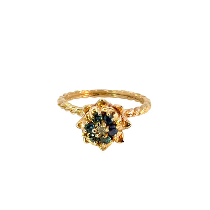 Vintage Sapphire Blossom Ring in 14K Gold, Floral Dome Design