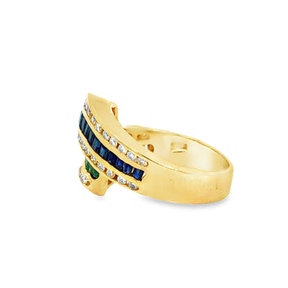 18K Yellow Gold Ribbon Ring with Sapphires, Emeralds & Diamonds