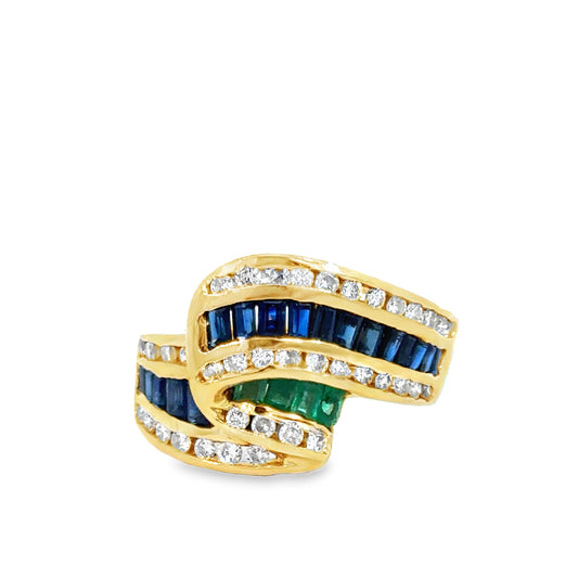 18K Yellow Gold Ribbon Ring with Sapphires, Emeralds & Diamonds