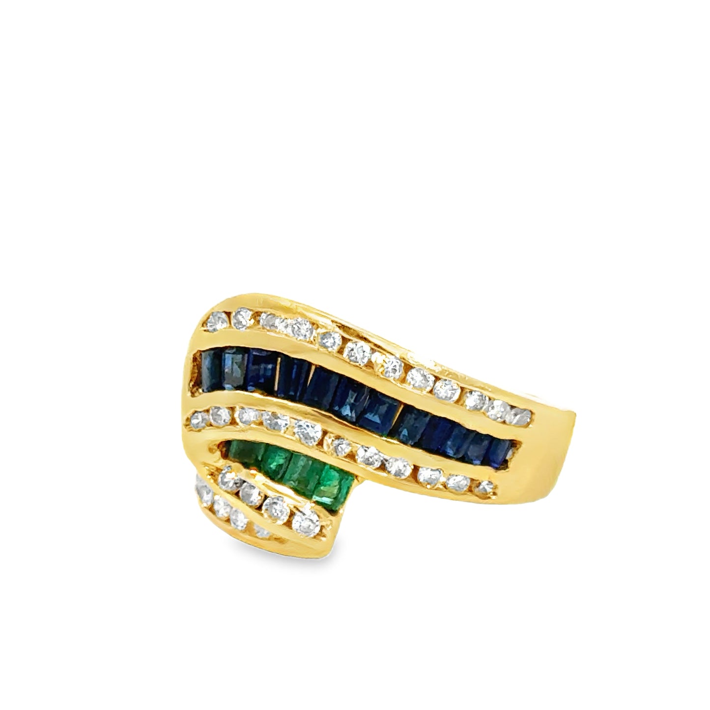 18K Yellow Gold Ribbon Ring with Sapphires, Emeralds & Diamonds