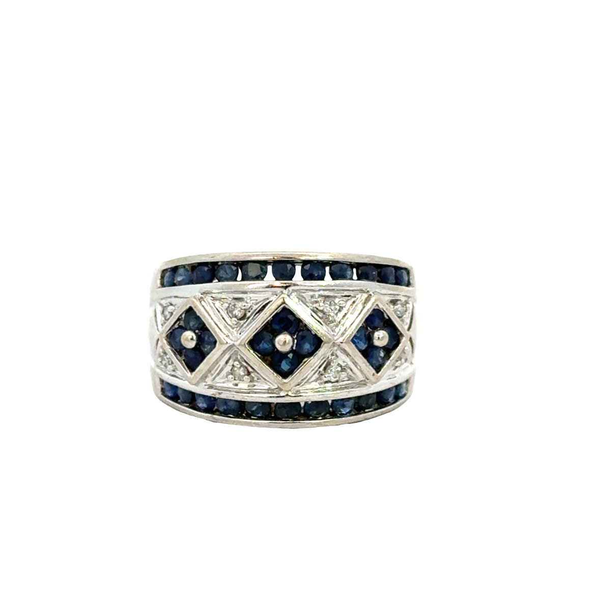 14K White Gold Sapphire & Diamond Geometric Band Ring