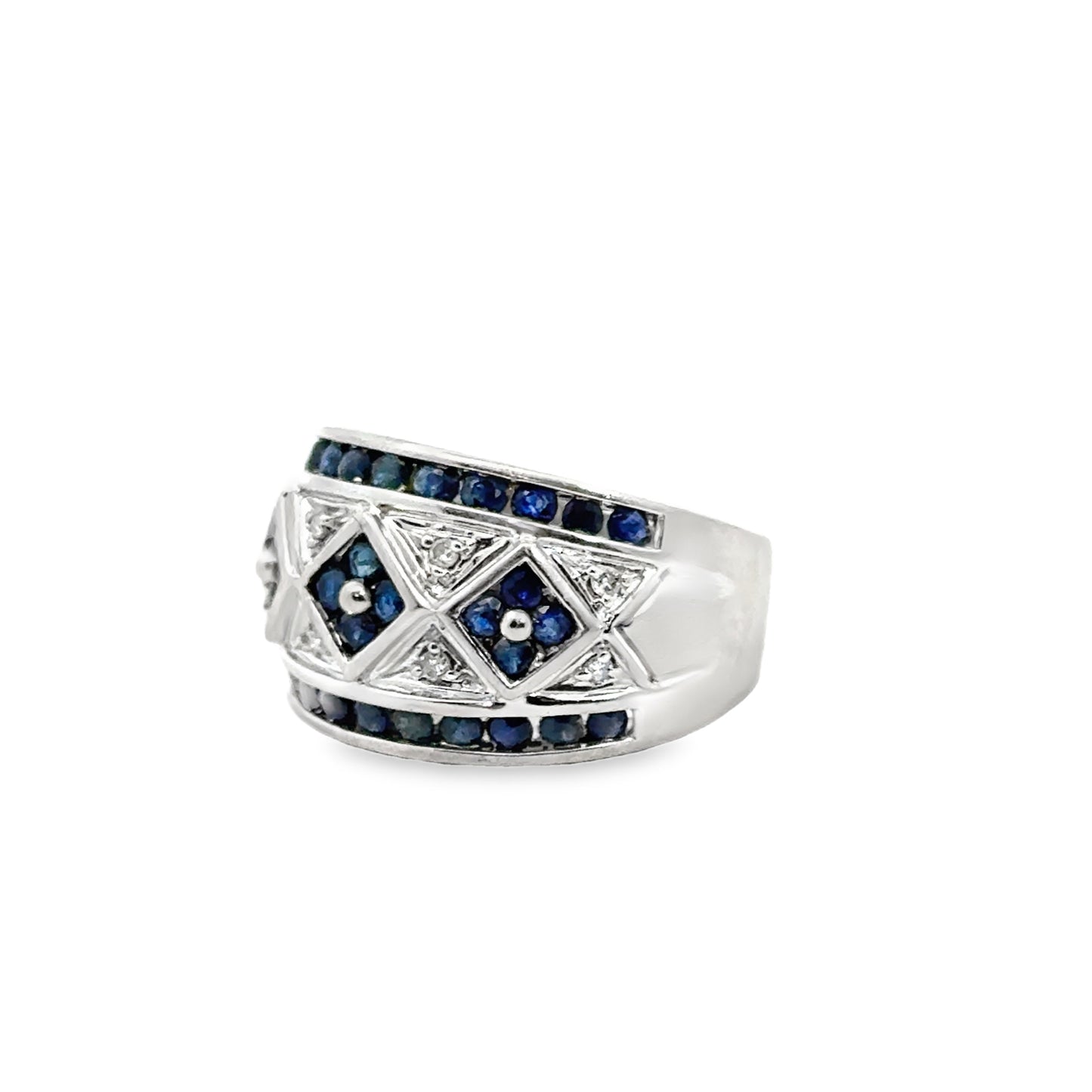 14K White Gold Sapphire & Diamond Geometric Band Ring