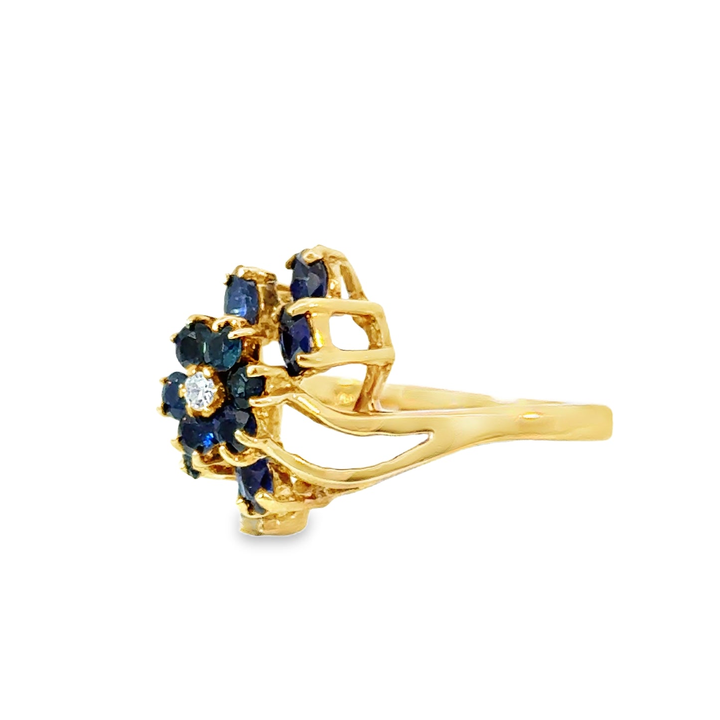 Vintage-Inspired Sapphire & Diamond Ring in 14K Yellow Gold – Classic Bloom Design