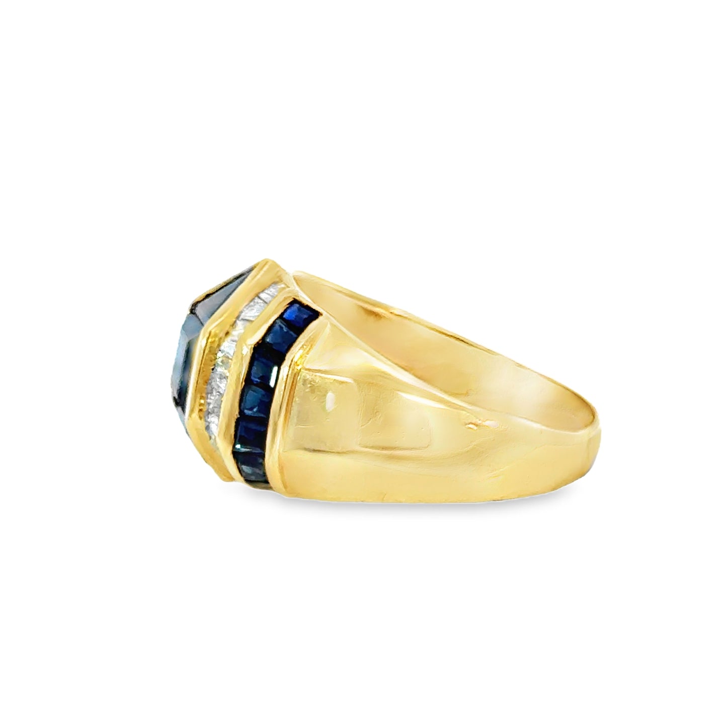 Vintage 1980s 14K Yellow Gold Sapphire and Diamond Geometric Cocktail Ring