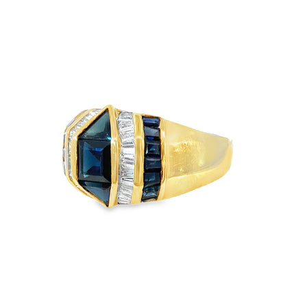 Vintage 1980s 14K Yellow Gold Sapphire and Diamond Geometric Cocktail Ring