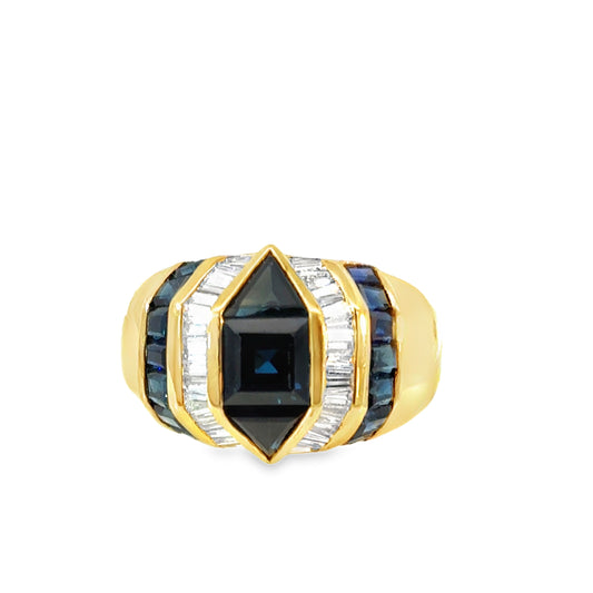 Vintage 1980s 14K Yellow Gold Sapphire and Diamond Geometric Cocktail Ring