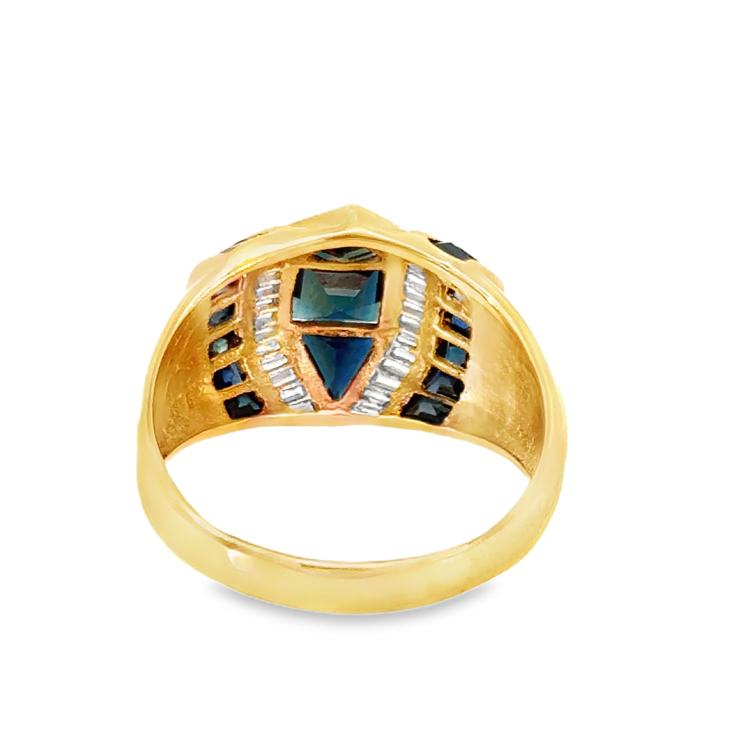 Vintage 1980s 14K Yellow Gold Sapphire and Diamond Geometric Cocktail Ring