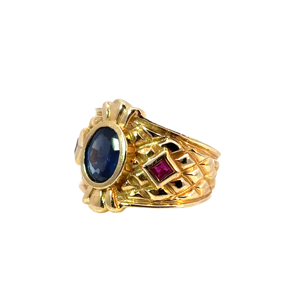 Royal Blue Sapphire and Ruby Ring in 14K Yellow Gold, Intricate Lattice Detail