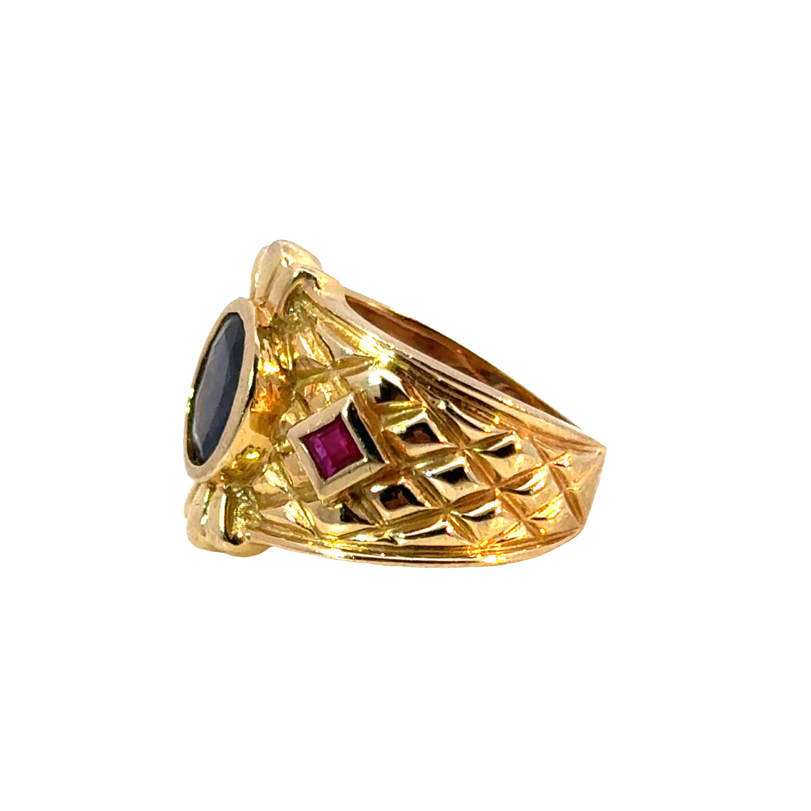 Royal Blue Sapphire and Ruby Ring in 14K Yellow Gold, Intricate Lattice Detail