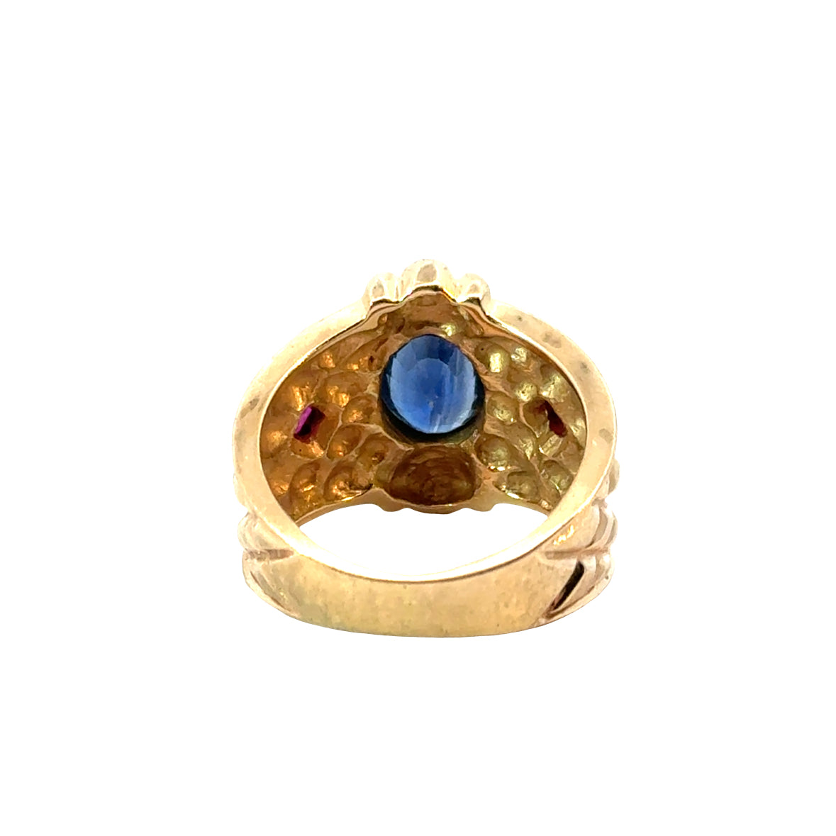 Royal Blue Sapphire and Ruby Ring in 14K Yellow Gold, Intricate Lattice Detail