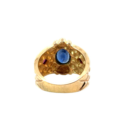 Royal Blue Sapphire and Ruby Ring in 14K Yellow Gold, Intricate Lattice Detail