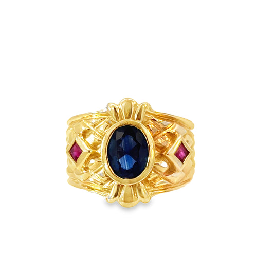 Royal Blue Sapphire and Ruby Ring in 14K Yellow Gold, Intricate Lattice Detail