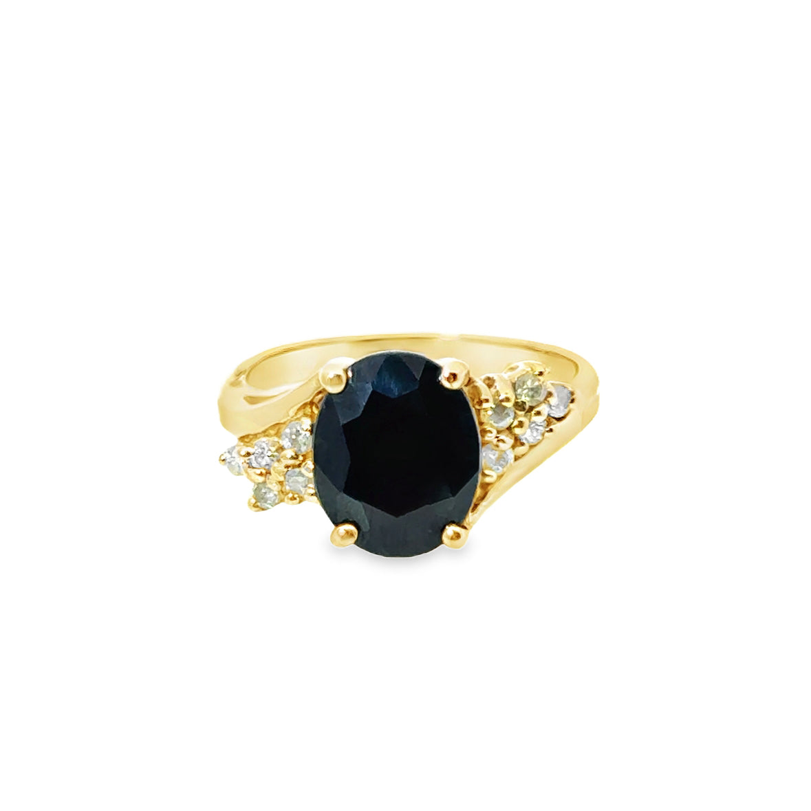 Estate Sapphire Ring with Diamond Clusters – 14K Yellow Gold