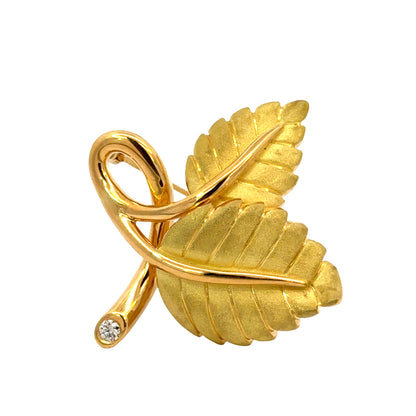 Tiffany & Co. 18K Yellow Gold Strawberry Leaf Brooch  – Diamond Accent