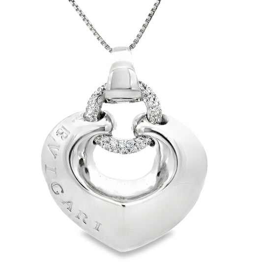 BVLGARI Signature Heart Pendant – 18K White Gold & Diamonds