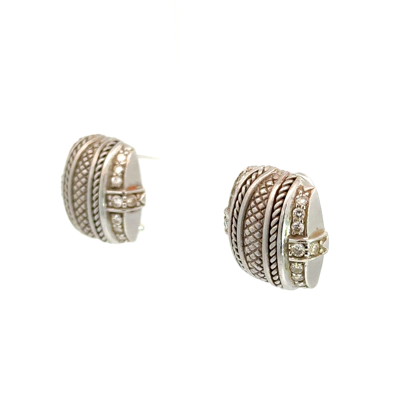18K White Gold Judith Ripka Basket-Weave Diamond Earrings