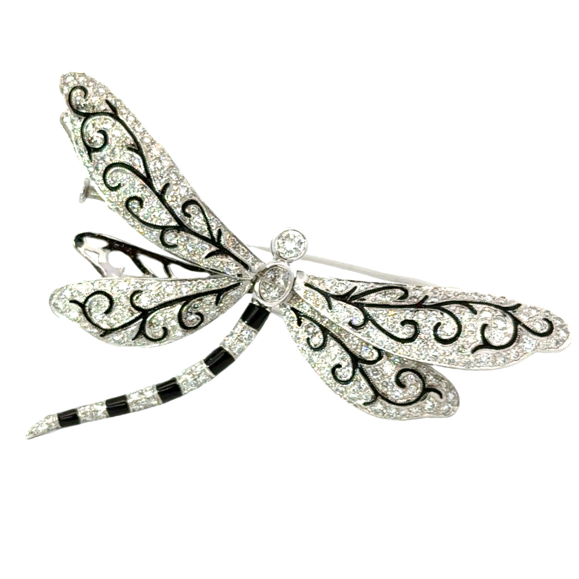 Exquisite 18K White Gold Diamond & Enamel Dragonfly Brooch