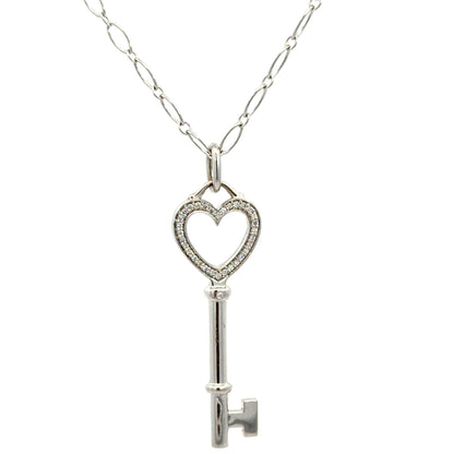 Tiffany & Co. Diamond Heart Key Pendant Necklace – 18K White Gold