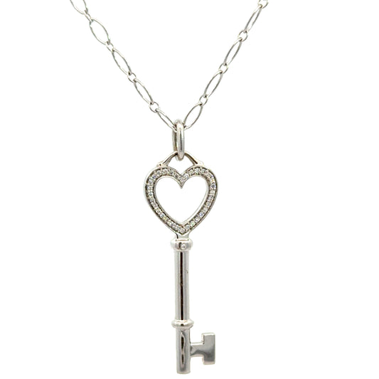 Tiffany & Co. Diamond Heart Key Pendant Necklace – 18K White Gold