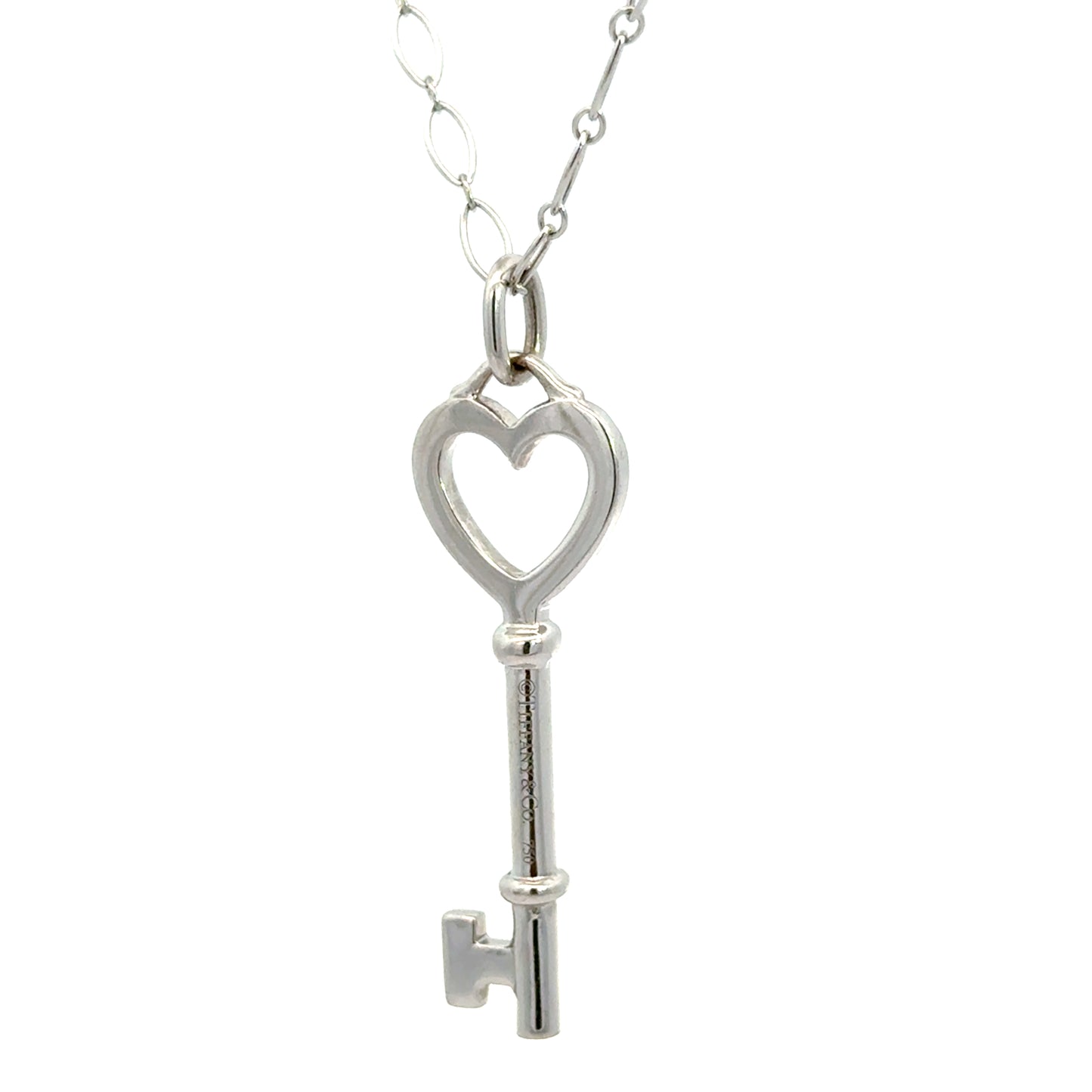 Tiffany & Co. Diamond Heart Key Pendant Necklace – 18K White Gold