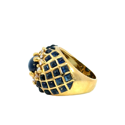 Luxury Le Vian 18K Gold Cabochon Sapphire Ring with Diamond Halo and Geometric Design