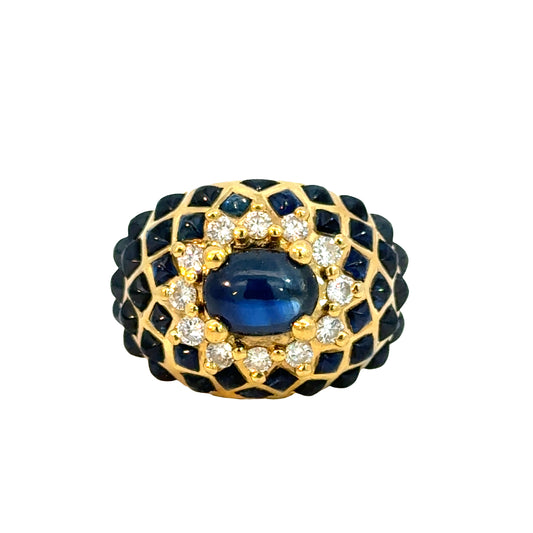 Luxury Le Vian 18K Gold Cabochon Sapphire Ring with Diamond Halo and Geometric Design