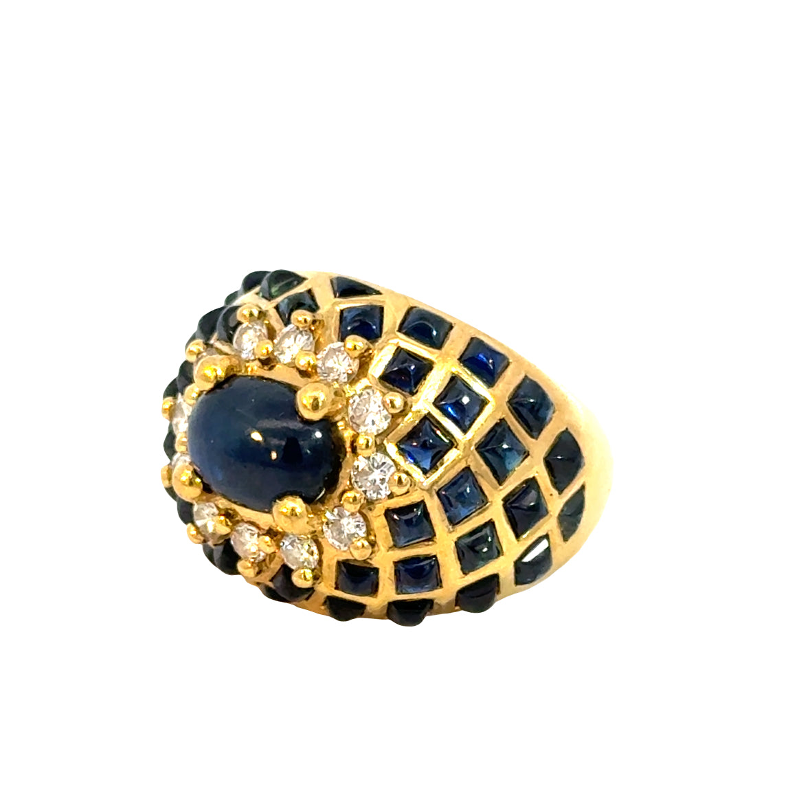 Luxury Le Vian 18K Gold Cabochon Sapphire Ring with Diamond Halo and Geometric Design
