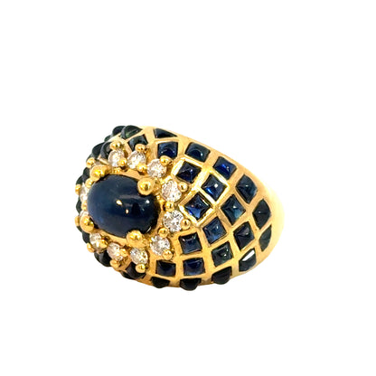 Luxury Le Vian 18K Gold Cabochon Sapphire Ring with Diamond Halo and Geometric Design