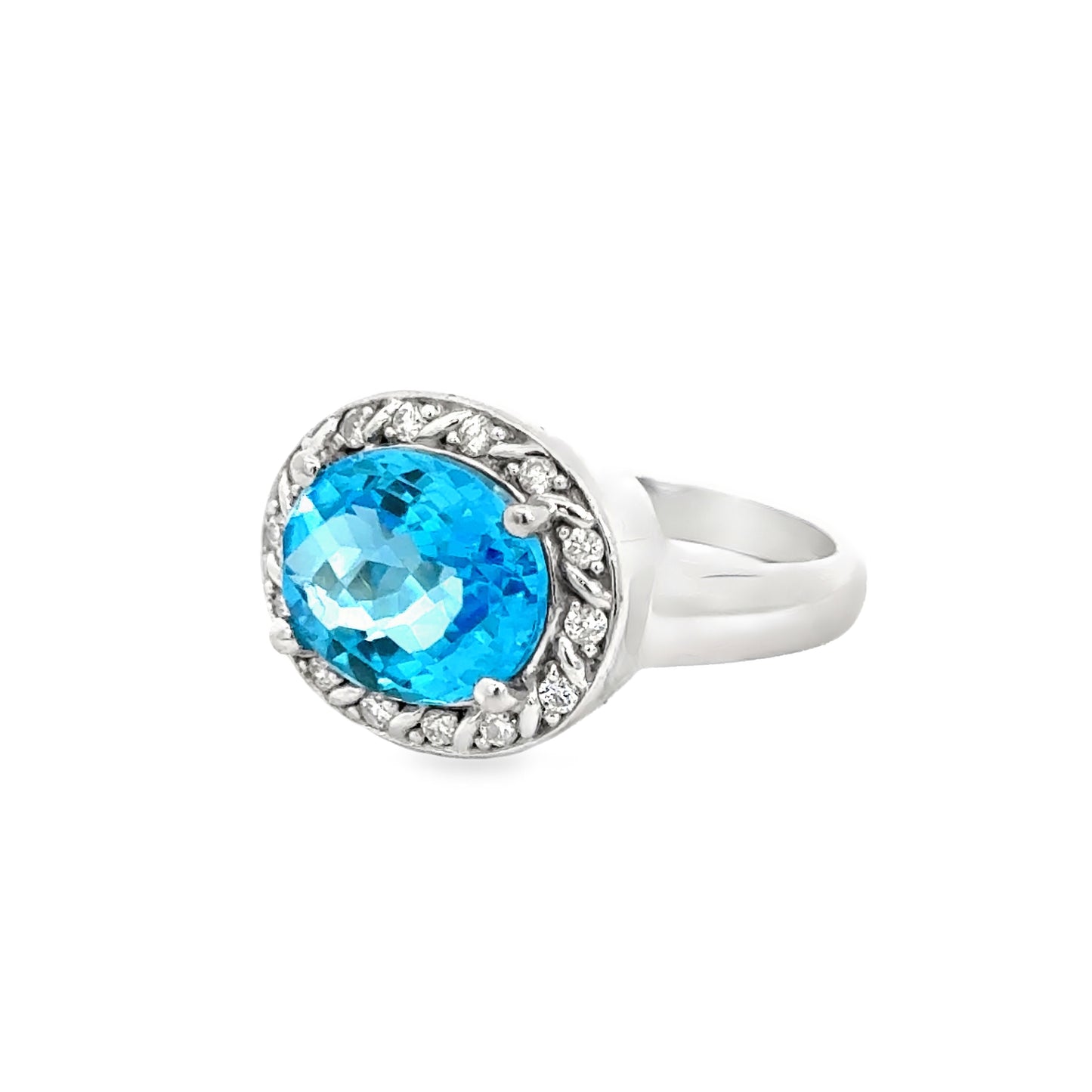 14K White Gold Oval Blue Topaz & Diamond Halo Ring